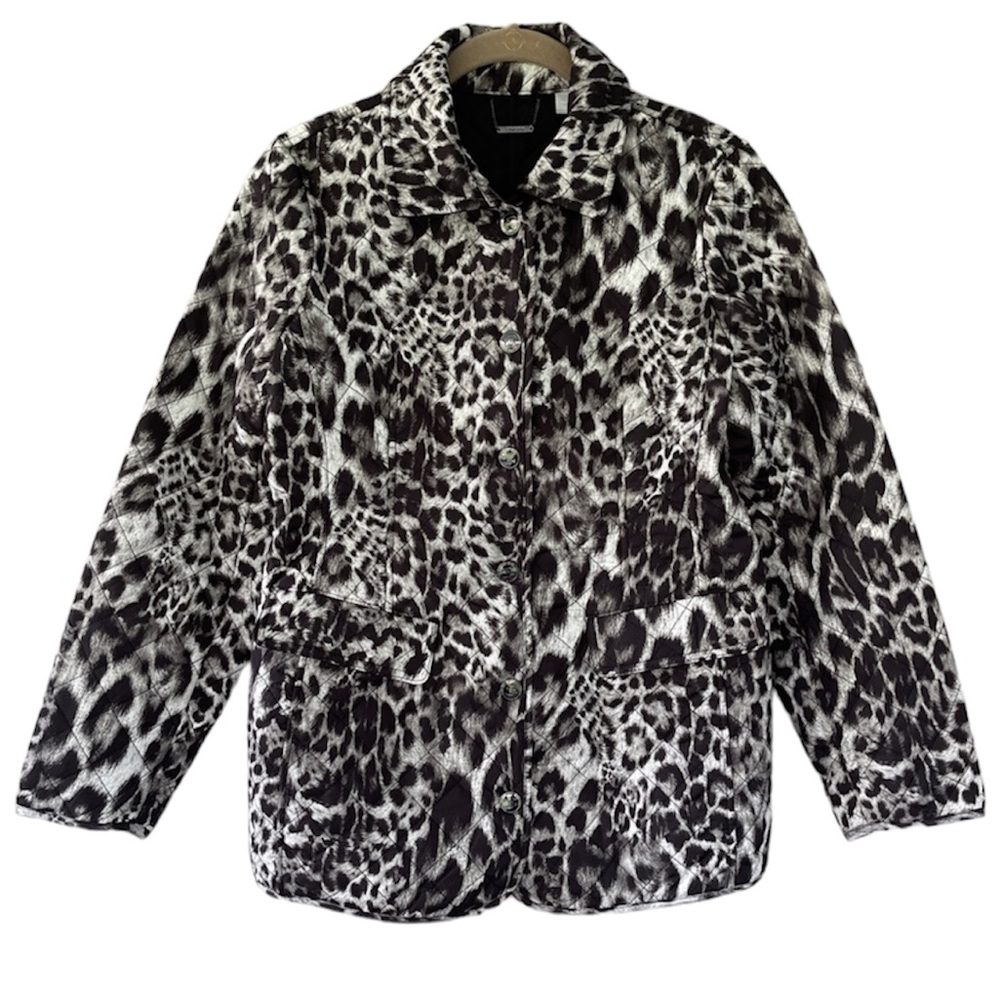 Chico's Snow Leopard Animal Print Black Quilted Jacket Size 4/6